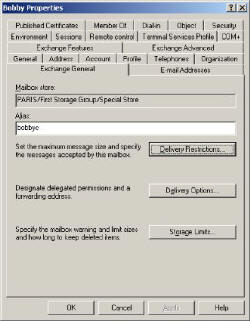 Exchange 2003 General Tab Delivery Options, Limits