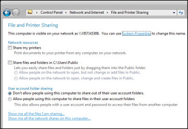 Windows Vista - Control Panel, Networking, File and Printer Sharing