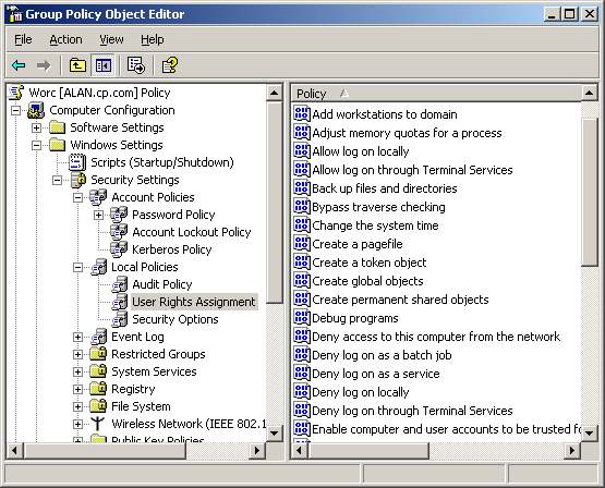 user rights assignment windows server