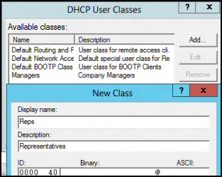 DHCP User Classes Create