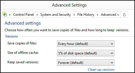 Windows 8 File History Advanced Settings