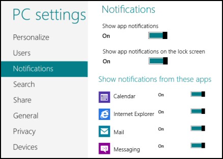 Windows 8 Notifications PC Settings