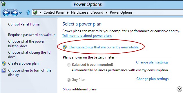 Windows 8 Power Options